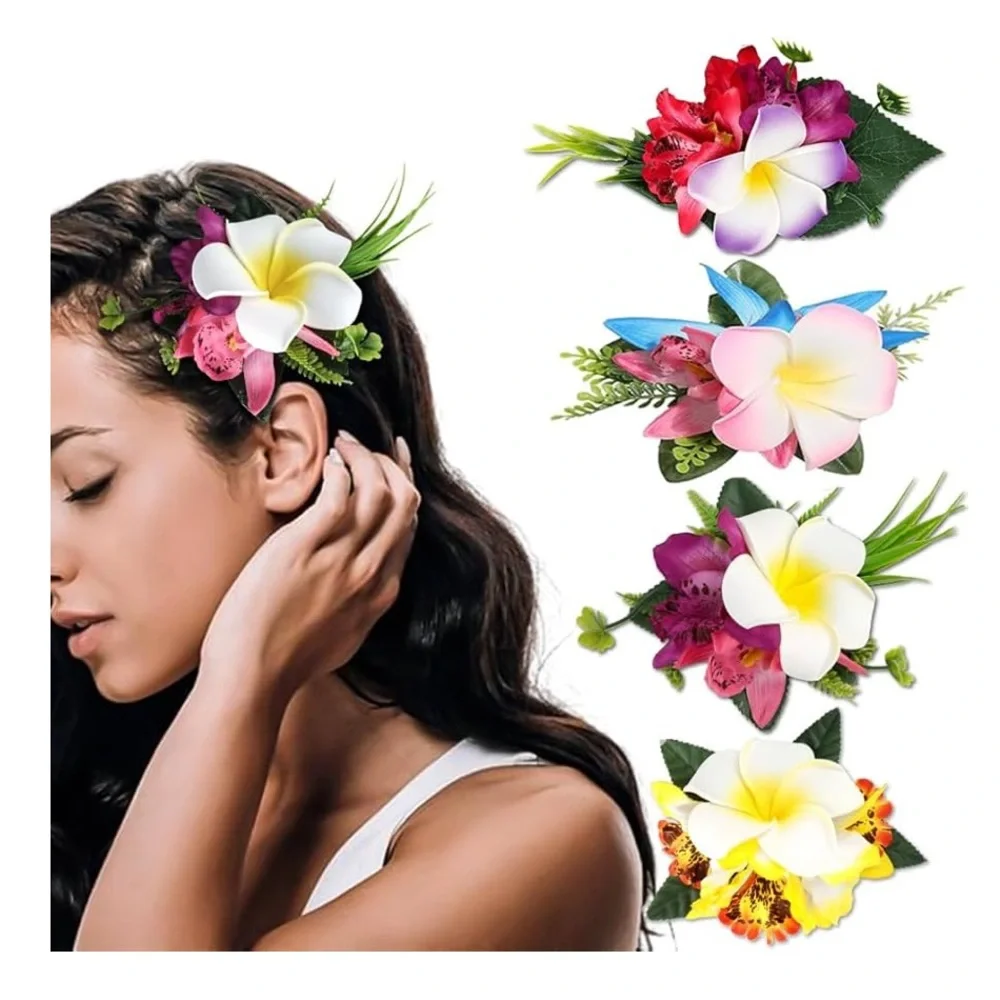 🆕 Hawaiian Plumeria Flower Hair Accessories for Women and Girls - 4 Pieces